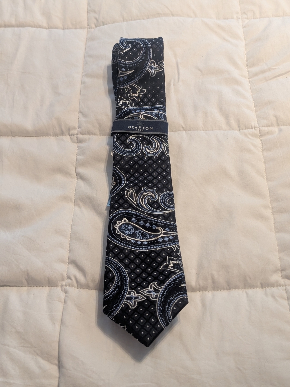 Grafton Men's Paisley Silk Tie in Black and Light Blue